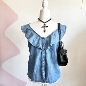 Denim Ruffle‎ Top, Y2K, Western, Coquette, Vintage, Retro, Cottagecore, Small